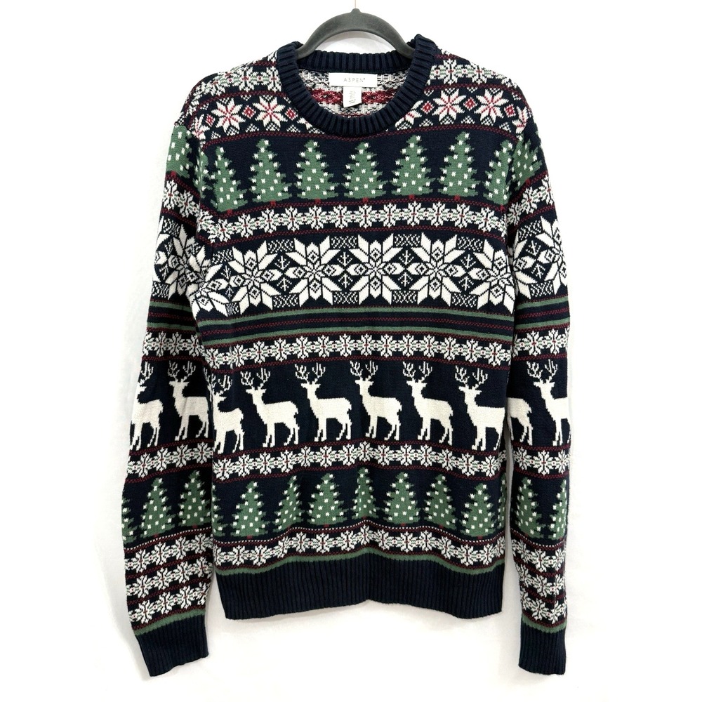 Aspen Navy Fair Isle Christmas Sweater Mens Size L Snowflakes‎ Reindeer Trees